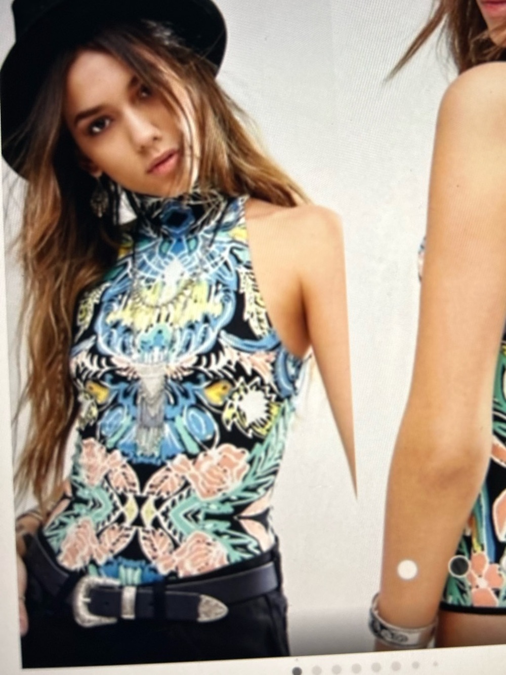 Free People Multi-Color Printed Mock Neck Bodysuit